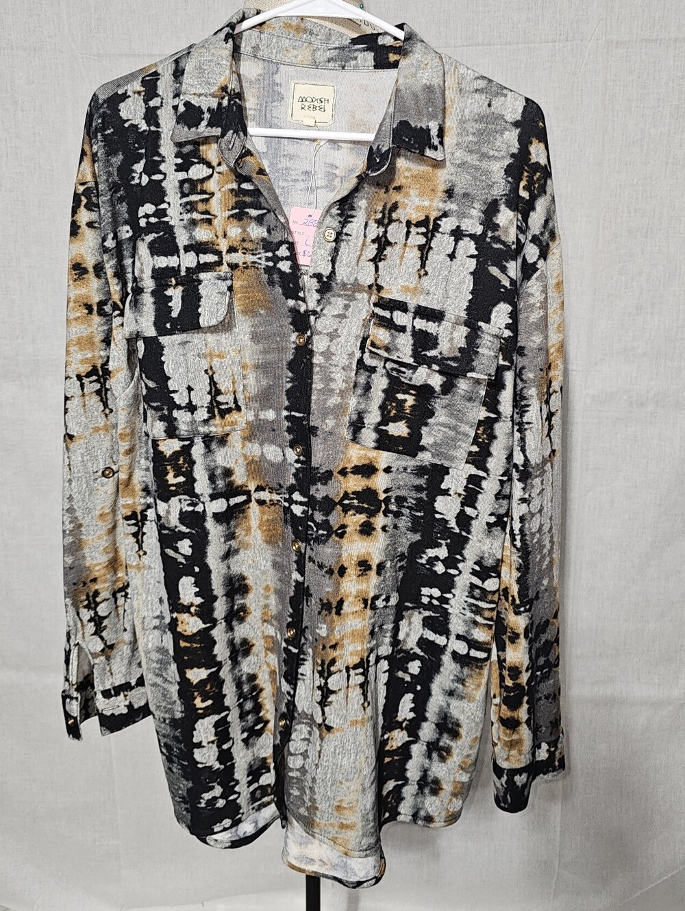 Jacquard Rebel Abstract Print Button-Down Shirt — Black, Gray & Tan